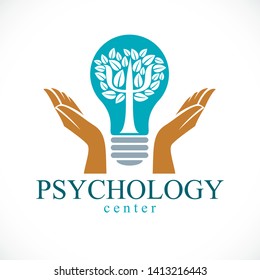 Psychology concept vector logo or icon created with Greek Psi symbol as a tree with leaves inside of idea light bulb with tender caring hands of psychotherapist, mental health concept.