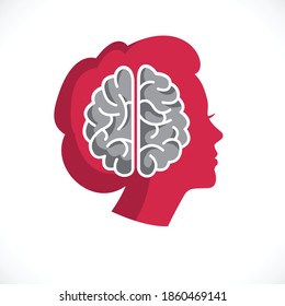 Concepto de psicología logotipo vectorial o icono creado con cerebro anatómico humano dentro del perfil facial de la mujer, concepto de salud mental, psicoanálisis y psicoterapia.