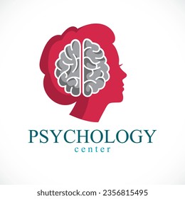 Psychology concept vector logo or icon created with human anatomical brain inside of woman face profile, mental health concept, psychoanalysis analysis and psychotherapy.