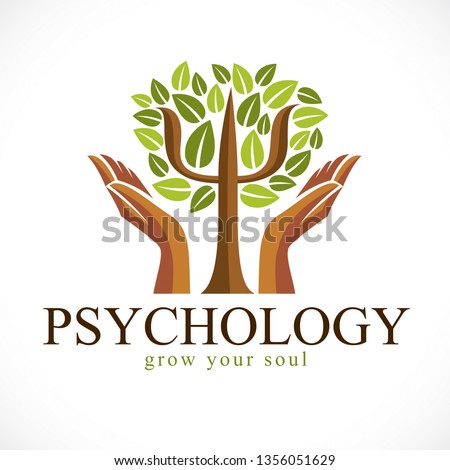 Psychology concept vector logo or icon created with Greek Psi symbol as a green tree with leaves and tender guarding hands, mental health concept, psychoanalysis analysis and psychotherapy.