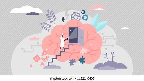 Psychology concept,flat tiny doctor person,vector illustration with symbolic human thoughts exploring,emotions and inner being. Brains with open door and psychiatrist investigating how the mind works.