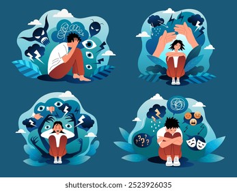 Psychology concepts. Flat stylized pictures mental problems of people recent vector set