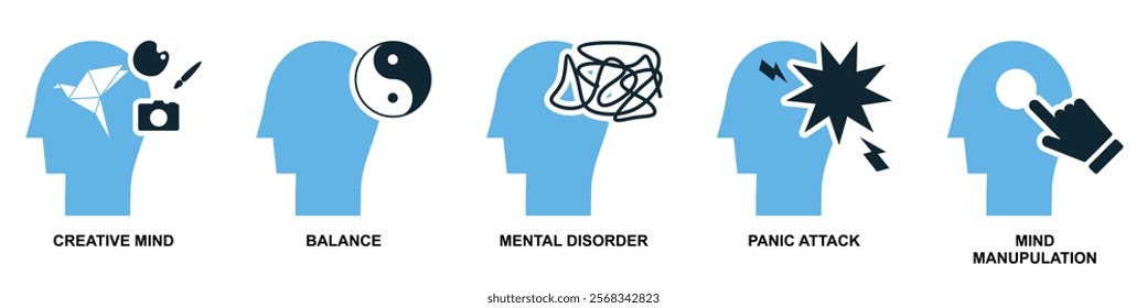 Psychology Concepts and Mental Health Icons: Creativity, Balance, Mental Disorders, Panic Attacks, and Mind Manipulation for Cognitive and Emotional Well being