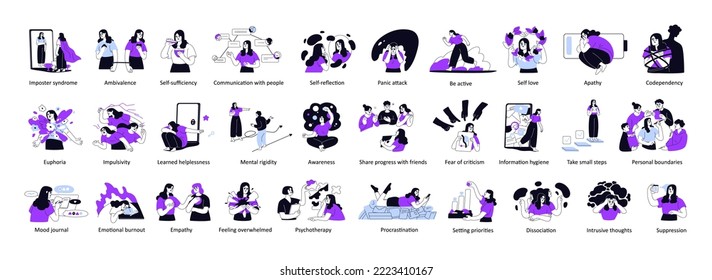 Psychology concepts set. Mental health, psychological and psychiatry problems of personality. Person with different positive, negative state. Flat vector illustrations set isolated on white background