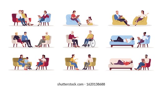 Psychology Consultation Flat Vector Illustrations Set. Psychotherapy Session. Talk Therapy. Psychoanalysis. Couple, Family Issues. Marriage Counseling. Isolated Cartoon Characters Kit