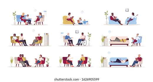 Psychology consultation flat vector illustrations set. Private psychotherapy sessions. Talk therapy. Psychoanalysis. Couple, family difficulties. Marriage counseling. Isolated cartoon characters kit