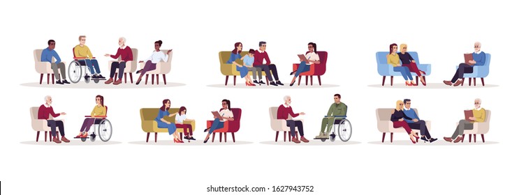 Psychology consultation flat vector illustrations set. Private and group therapy sessions. Psychoanalysis. Rehabilitation psychotherapy. Marriage counseling. Isolated cartoon characters kit