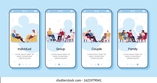 Psychology consultation onboarding mobile app screen vector template. Group, couple, family therapy. Walkthrough website steps with flat characters. UX, UI, GUI smartphone cartoon interface concept