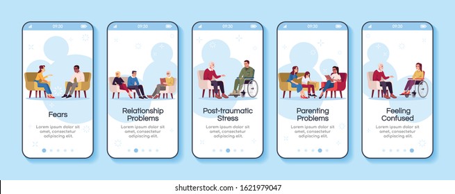 Psychology consultation onboarding mobile app screen vector template. Relationship problems. Fears. Walkthrough website steps with flat characters. UX, UI, GUI smartphone cartoon interface concept