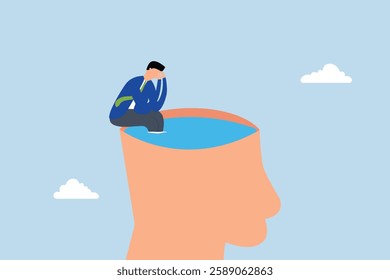 Psychology, contemplation thinking man climbing to sit on his brain.