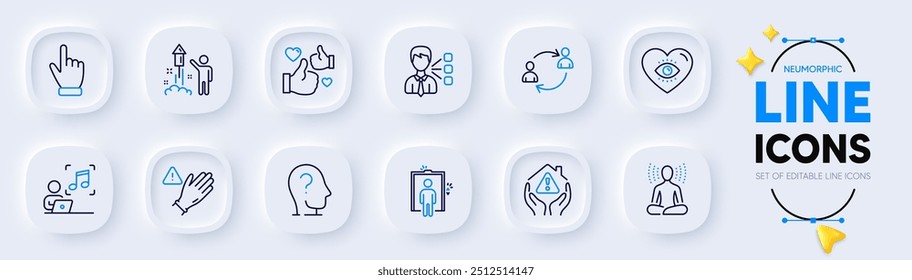 Psychology, Cursor and House protection line icons for web app. Pack of User communication, Like, Elevator pictogram icons. Yoga, Fireworks, Music signs. Meditation eye, Use gloves. Vector