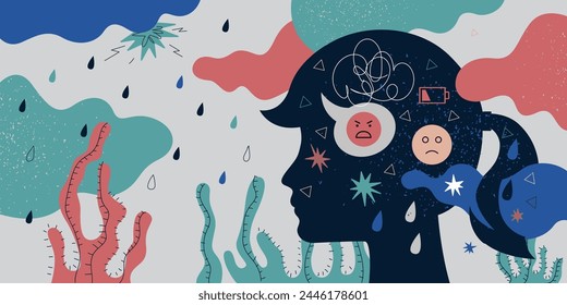 Psychology depression and loneliness abstract horizontal banner. Visualization psychedelic despair human thinking, reflection and emotion. Depressed person silhouette mental disorder illness problems