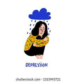 Psychology. Depression. Sad, unhappy girl, sitting under rain cloud. Young woman in depression hugging her knees and crying. Doodle style flat vector illustration.