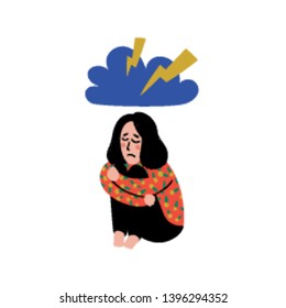 Psychology. Depression. Sad, unhappy girl, sitting under thundercloud. Young woman in depression hugging her knees and crying. Doodle style flat vector illustration.