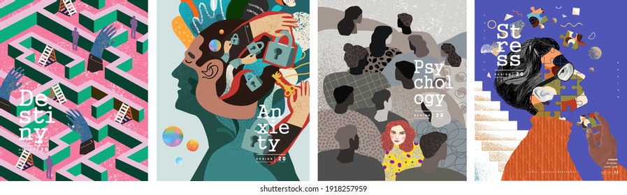 Psychology, destiny, anxiety, stress. Vector psychedelic illustrations of human emotions, reflections and dreams. Loneliness and depression themes for poster and background - Shutterstock ID 1918257959