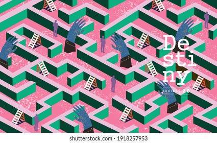 Psychology and destiny. Vector psychedelic abstract illustration of a labyrinth, finding oneself, the right path and solution, helping the confused one. Picture for background, poster or banner