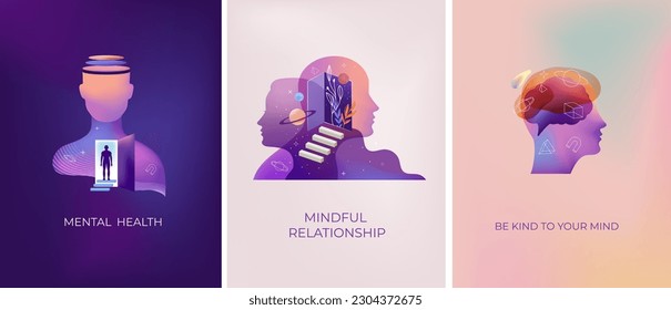 Psychology, Dream, Mental Health concept collection of illustrations. Brain, neuroscience and creative mind poster, cover