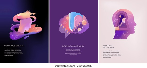 Psychology, Dream, Mental Health concept collection of illustrations. Brain, neuroscience and creative mind poster, cover