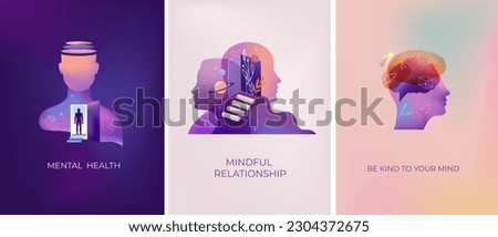 Psychology, Dream, Mental Health concept collection of illustrations. Brain, neuroscience and creative mind poster, cover [[stock_photo]] © 