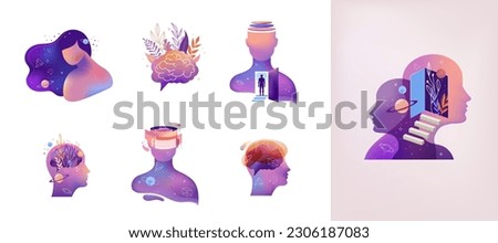 Psychology, Dream, Mental Health concept collection of illustrations. Brain, neuroscience and creative mind poster, cover [[stock_photo]] © 