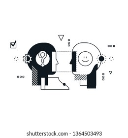 Psychology education concept. Emotional intelligence concept, communication skills, reasoning and persuasion. Linear design illustration