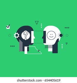 Psychology education concept. Emotional intelligence concept, communication skills, reasoning and persuasion. Linear design illustration
