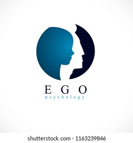 Psychology, ego mental health vector design, created with man head profile and little child boy inside, inner child concept, origin of human individuality and psychic problems. Therapy and analysis.