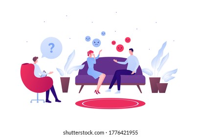 Psychology, emotion and family couple psychotherapy concept. Vector flat person illustration. Psychologist character and couple arguing at couch. Sad and anger emotions symbol. Design for banner, web