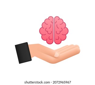 Psychology, emotion and psychotherapy concept. Human hand hold human brain. Vector stock illustration.