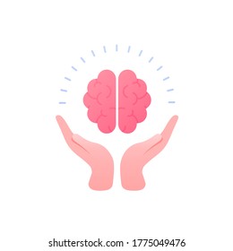 Psychology, Emotion And Psychotherapy Concept. Vector Flat Illustration. Mental Health Treatment Metaphore. Human Hand Hold Human Brain. Logotype Template. Design For Banner, Web, Logo.