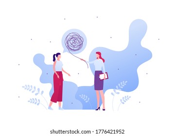 Psychology, emotion and psychotherapy concept. Vector flat person illustration. Woman patient character with tangled thread talk bubble and female psychologist standing. Design for banner, web.