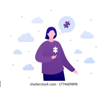 Psychology, emotion and psychotherapy patient concept. Vector flat person illustration. Female character with jigsaw puzzle piece in heart place. Design for mental health banner, web.