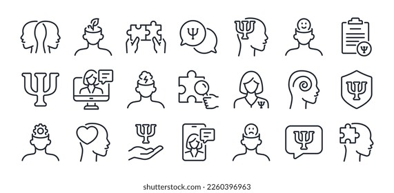 Psychology, emotions, and mental health related editable stroke outline icons set isolated on white background flat vector illustration. Pixel perfect. 64 x 64.