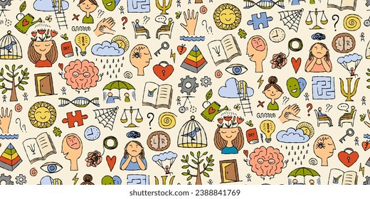 Psychology and emotions, working with the brain, positive thinking. Seamless pattern background for your design