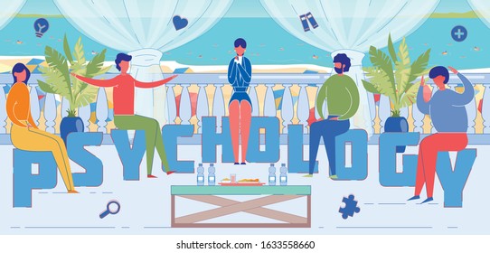 Psychology Expert Meeting Word Concept Banner. Patients Sharing Experience at Group Psychological Consultation Cartoon Characters. Personal Development Training. Mentorship and Coaching Poster Layout