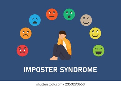 Psychology, false behavior or deceiver - Imposter syndrome, masks with angry, happy and sad expressions
