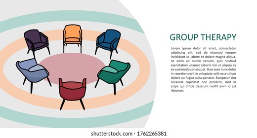 Psychology. Group therapy. The chairs are arranged in a circle. Concept of psychological problems. Example for landing page. svg