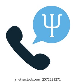 Psychology Help Call Icon Vector, Mental Health Assistance Symbol Featuring a Phone and Psi Sign for Counseling, Therapy, and Support Services.