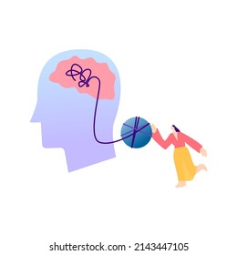Psychology Help Isolated. Vector Illustration of Woman Psychotherapist and Man’s Head.