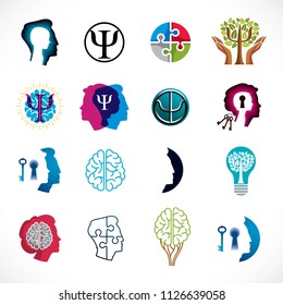 Psicología, cerebro humano, psicoanálisis y psicoterapia, problemas de relación y género, personalidad e individualidad, neurología cerebral, salud mental. Iconos vectoriales o logos establecidos.