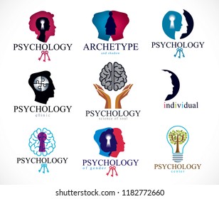 Psychology, human brain, psychoanalysis and psychotherapy, relationship and gender problems, personality and individuality, cerebral neurology, mental health. Vector icons or logos set.