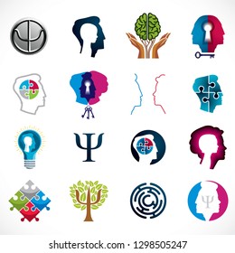 Psicología, cerebro humano, psicoanálisis y psicoterapia, problemas de relación y género, personalidad e individualidad, neurología cerebral, salud mental. Iconos vectoriales o logos establecidos.