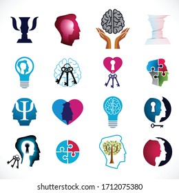 Psychology, human brain, psychoanalysis and psychotherapy, relationship and gender problems, personality and individuality, cerebral neurology, mental health. Vector icons or logos set.