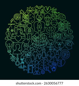 Concepto de círculo de icono de psicología. Vector Delgado Contorno Símbolos Lineales De Salud Mental. Diseño del Mes de Bienestar y Concienciación. Fondo de Objetos de línea de terapia.