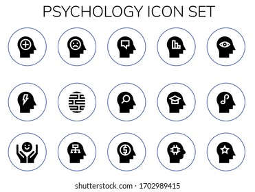 psychology icon set. 15 filled psychology icons.  Simple modern icons such as: Mind, Brain, Psychology