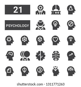 psychology icon set. Collection of 21 filled psychology icons included Mind, Brain, Mental health, Psychologist, Cognitive