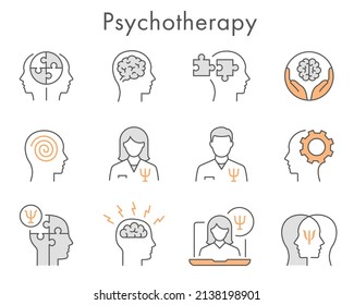 Psychology icon set. Collection of mental, depression, emotion, psychiatrist and more. Vector illustration. Editable Stroke.