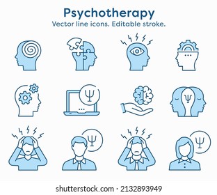 Psychology icon set. Collection of psychologist, brain, emotion, doctor and more. Vector illustration. Editable Stroke.