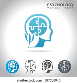 Psychology Icon Set, Collection Of Puzzle Head Mind Icons, Vector Illustration