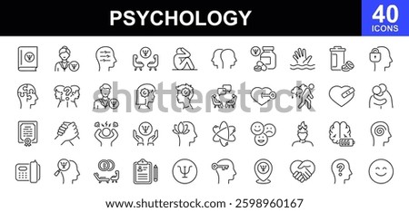 Psychology icon set. Containing session, psychoanalysis, mind, depression, anxiety, stress, mental care, empathy, loneliness, bipolar, psychology symbol, panic, and more. Vector illustration